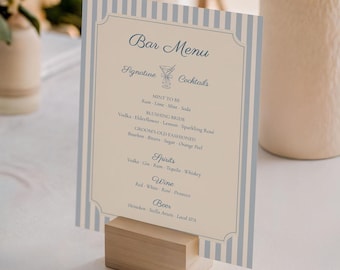Modelo de cardápio de bar para casamento: Placa azul editável com bebidas exclusivas (download instantâneo) 002