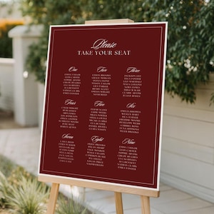 Wedding Seating Chart Template: Editable Burgundy Table Seating Sign (Instant Download)