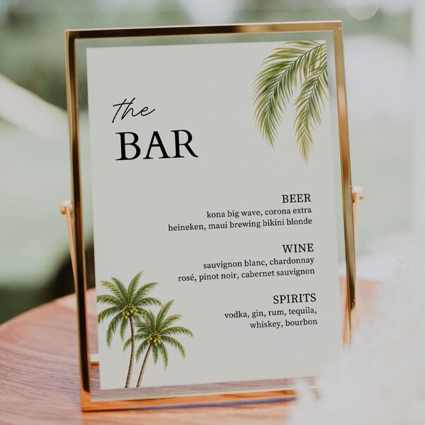 Wedding Bar Menu Sign: Editable Tropical Palm Tree Drink Menu (Instant Download) 010