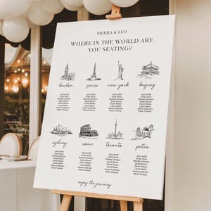 Kaartsjabloon bestemming bruiloft: bewerkbaar bord met tafelplan reisthema (direct downloaden)