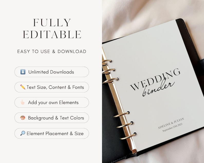 Editable Wedding Binder Canva Template Minimal Wedding Planner PDF