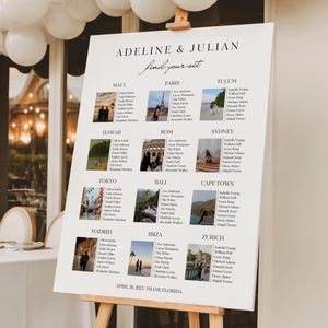 Destination Wedding Seating Chart Template: Editable Travel Photo Table Sign (Instant Download, Canva Template)