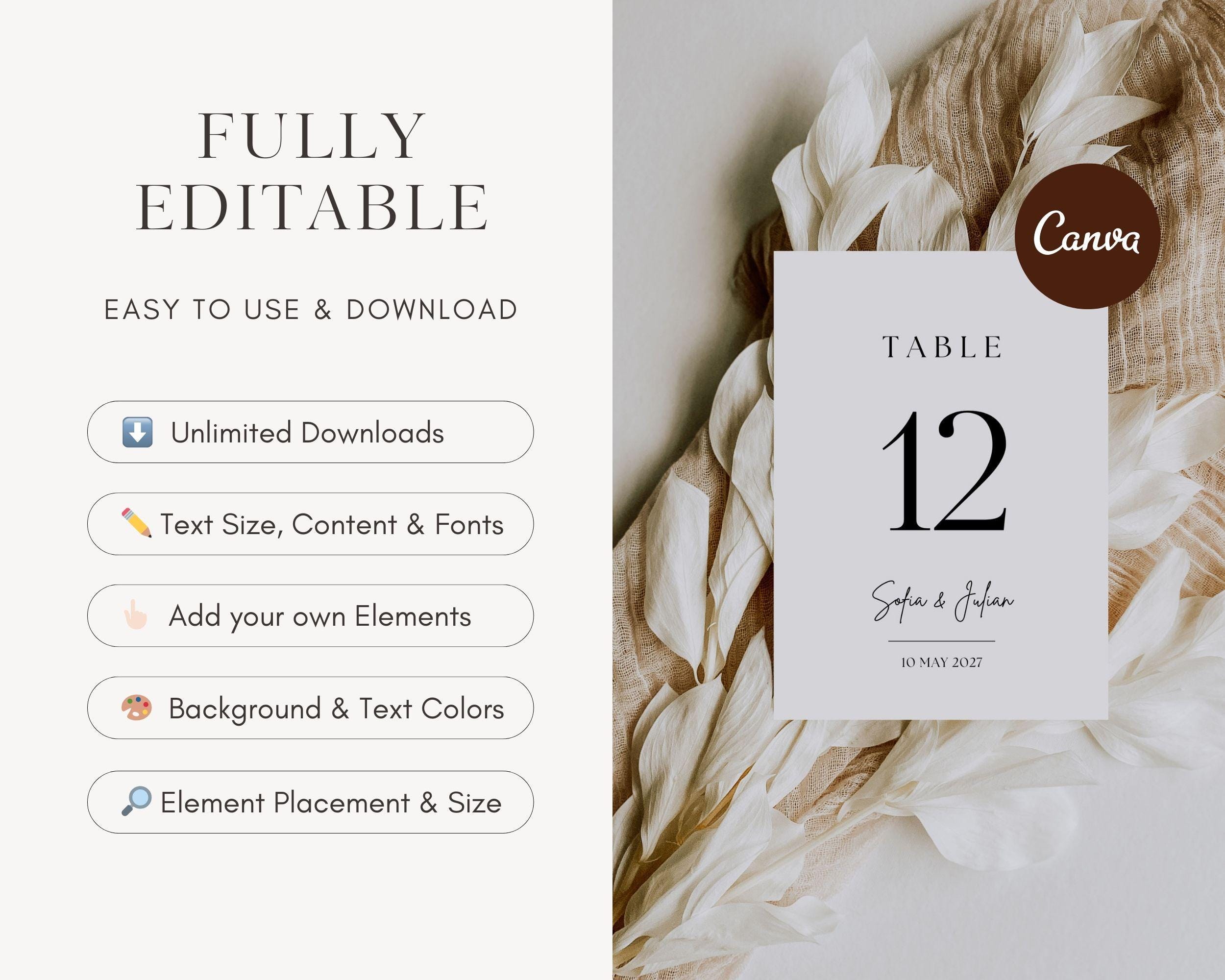 Wedding Table Number Template: Editable Minimal Reception Table Sign ...