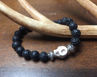 Skull bead essential oil diffusing bracelet, diffuser, lava rock, white howlite, calming, chakra, yoga