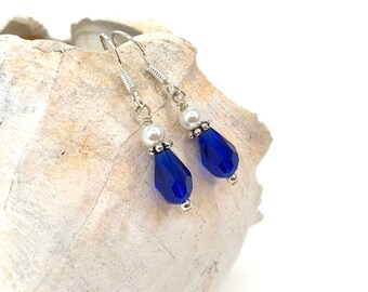 Blue and White, Beaded Earrings, University of Kentucky Wildcats, Glass Beads, Handmade by Harleypaws, SRAJD, Czech Glass, College Student