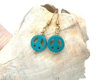 Turquoise peace sign earrings, gold plated, turquoise howlite, blue earrings. Small earrings, mini peace signs