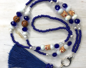 University of Kentucky ID lanyard, blue lanyard, beaded lanyard, basketball, wildcats,blue, white, tassels accent