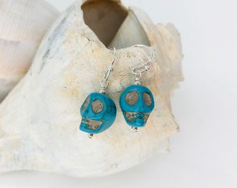 Turquoise howlite skull earrings, beaded earrings, handmade jewelry, blue beads, sterling silver