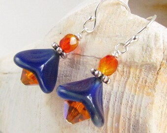 Orange and Blue Earrings, Flower Earrings, Handmade Jewelry, University of Florida Colors, handmade by Harleypaws, SRAJD