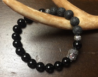 Beaded bracelet, essential oil diffuser jewelry, onyx, lava rock, black beaded bracelet, handmade, silver Buddha bead