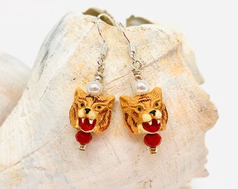 Wildcats earrings, red and white beaded earrings, handmade jewelry, sterling silver, school spirit