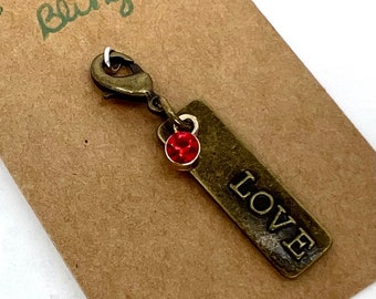 LOVE pet collar charm, cat crystal charm, red crystal, purse charm, pet jewelry cat collar charm