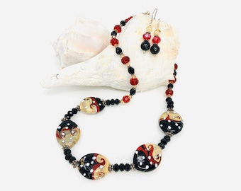 Beaded Black, Tan and Red Necklace with Matching Beaded Earrings, Lampwork beads, beaded necklace, jewelry set, Handmade Jewelry