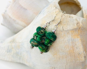 Beaded green sea sediment jasper earrings, handmade jewelry, yogi, boho, hippie style, sterling silver ear wires