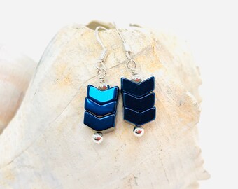 Chevron beaded earrings,  hematite arrow beads, blue AB finish, handmade jewelry, modern style, reflective, Harleypaws