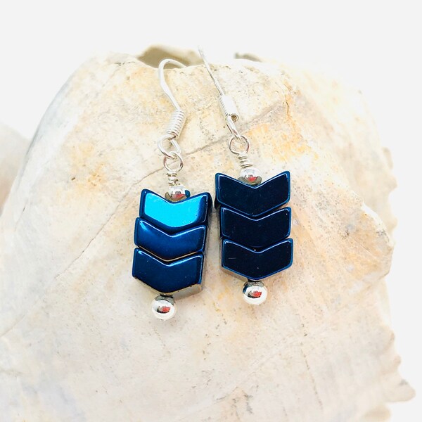 Chevron beaded earrings,  hematite arrow beads, blue AB finish, handmade jewelry, modern style, reflective, Harleypaws