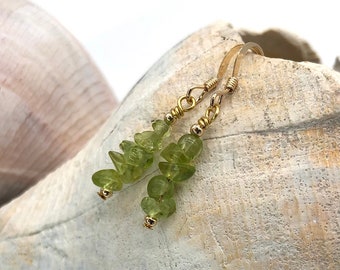 Green and gold beaded earrings, green quartz beads, handmade jewelry, dainty earrings