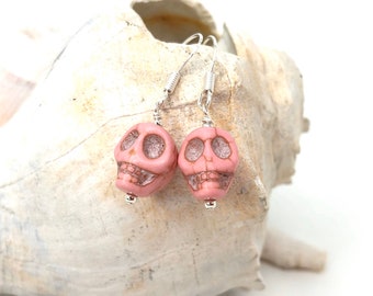 Pink howlite beaded skull earrings, pink earrings, skull jewelry, handmade, Halloween, biker chic, goth style