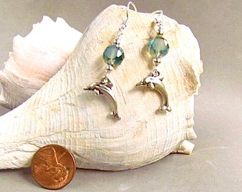 Dolphin Earrings, Beach Jewelry, Sea Green, Ocean, Vacation, Gift Giving, Gift for Her,  Sea Life, Dangle Drop Earrings, Harleypaws, SRAJD