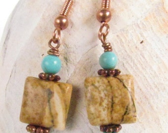 Beaded Earrings, Jasper and Turquoise Howelite with Copper Findings, Harleypaws, SRAJD 2601