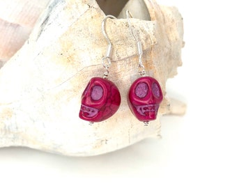 Hot Pink Howlite Skull Earrings: Sterling Silver Biker Jewelry