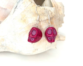 Hot pink skull earrings.  Pink howlite skull beads, beaded jewelry, handmade, biker chic, Halloween, novelty earrings