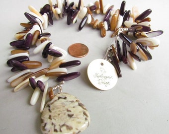 Beaded Shell Necklace with stone pendant. Brown and Cream, Handmade by Harleypaws, SRAJD