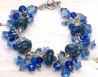 Blue Lampwork Beaded Charm Bracelet, Handcrafted Charms, Handmade by Harleypaws, SRAJD