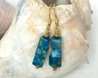 Aqua blue earrings, blue quartz earrings, dangle earrings, gold accents, drop earring, blue stone