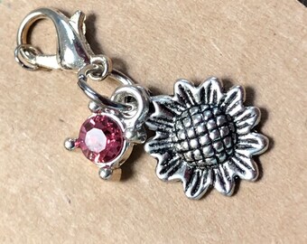 Sunflower collar charm with pink crystal, pets, dog, cat, horse, bridle charm
