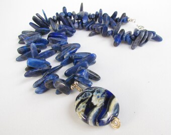 Blue Lapis Necklace with Lampwork Glass Pendant, Cobalt Blue, handmade by harleypaws, SRAJD