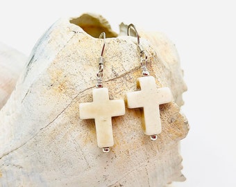 White Howlite Cross Earrings, Dangle Earrings, Handmade Jewelry, Harleypaws