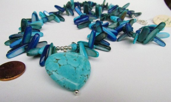 Puffy Heart Beaded Necklace in Teal Aqua and Cobalt Blue - Etsy