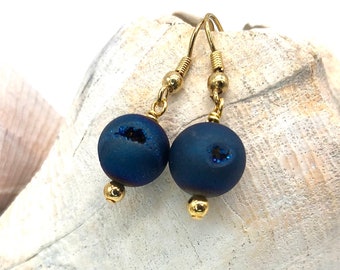 Blue druzy beaded earrings, agate, gold plate, handmade jewelry, stone beads