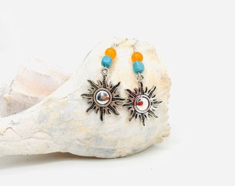 Sunburst beaded earrings, boho yogi hippie style, handmade jewelry, stone beads