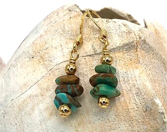 Turquoise and gold earrings, turquoise chip nuggets, gold filled ear wires, turquoise jewelry, small earrings, dainty earrings,jewelry