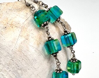 Aqua blue dangle earrings, Czech glass and sterling silver, long earrings