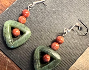 Jade and Godestone earrings, green and brown, sterling silver, triangular earrings