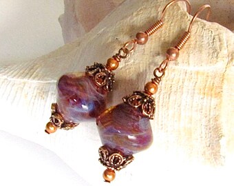 Boro Lampwork Earrings, Pinks and Purples Copper Accents, Handmade by Harleypaws, SRAJD