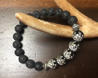 Bling Black and Silver Essential Oil Diffuser Bracelet, lava rock, stretch bracelet, crystals, boho, natural, yoga, yogi