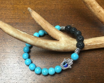 Turquoise howlite and lava rock essential oil diffuser bracelet, aromatherapy, protection charm, beaded bracelet, handmade jewelry, boho