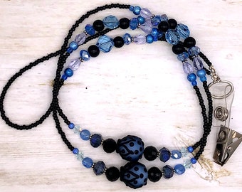 Beaded ID Lanyard, Blue and Black, Lampwork, Badge Holder, Jewelry, Work Id, Gift Giving, Gift for Her, Fashion, Harleypaws, SRAJD