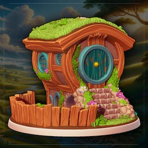May include: A whimsical wooden house with a green grass roof, a round blue door, and a stone staircase. The house is surrounded by a wooden fence and sits on a white base.
