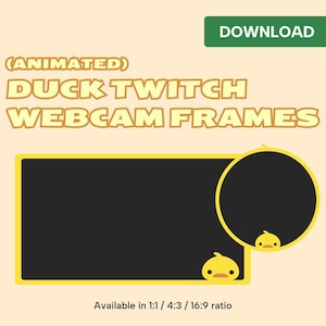 May include: Animated Twitch webcam frames featuring a yellow duck peeking out from the top of a black circle and a black rectangle. The text "(ANIMATED) DUCK TWITCH WEBCAM FRAMES" is at the top of the image. The text "Available in 1:1 / 4:3 / 16:9 ratio" is at the bottom of the image.