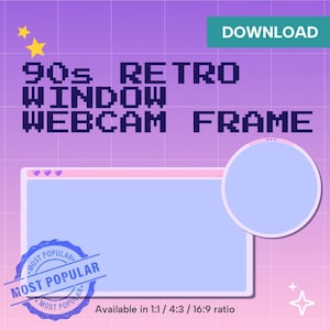 Puede incluir: Gráfico morado y rosa con el texto "90s RETRO WINDOW WEBCAM FRAME". El diseño incluye un marco de ventana, un círculo, estrellas y un sello "MOST POPULAR". La palabra "DOWNLOAD" está en un rectángulo verde.