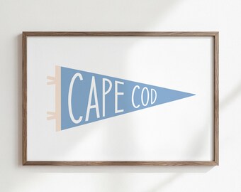 Cape Cod Blue Print, Cape Cod Pennant Flag Poster, Trendy Digital Print, Aesthetic College Dorm Room Decor, Massachusetts Illustration