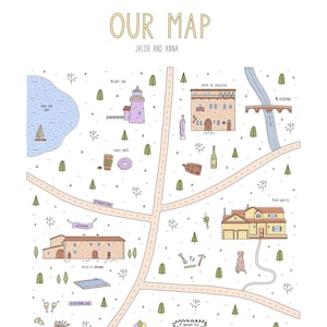Puede incluir: Un mapa ilustrado personalizado titulado OUR MAP para Jacob y Anna, que presenta puntos de referencia dibujados a mano como Cape Cod Bay, Casa di Giulietta y Villa Le Capanne. El mapa incluye carreteras, árboles e iconos de eventos vitales.