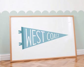 Blue West Coast Pennant Flag Print, Dorm Decor, Digital Download