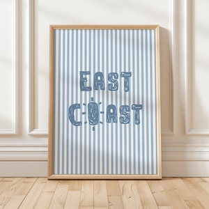 East Coast Blue Striped Beach Print, Nautical Beach Wall Art, Lake House Print, Digital Download