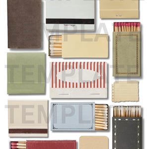 May include: A collection of vintage matchboxes with various designs and colors. Some boxes have red and white stripes, others have a brown background with a white border, and some have a green background with a gold border. The boxes are all empty and ready to be filled with matches.